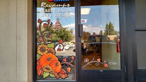 Harvest window painting Yellow sail designs window-painter.com Window Painting For Business, Turkey Window Painting, Fall Window Painting Store Fronts, Thanksgiving Window Painting, Fall Window Painting Ideas, Fall Window Painting, Windows Painting, Painting Windows, Commercial Windows