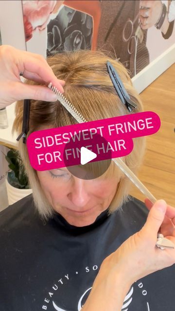 Sonna Jean Brado on Instagram: "What do you do if your client has fine hair and wants a full fringe? PIVOT!😂👍(I couldn’t resist)

But seriously, pivoting your sections helps develop weight because it moves the distribution of the hair from overdirected into natural fall.. all you have to do is allow the partings to dictate the movement and you will end up with a beautiful, full fringe🥰
@angelbladescissors 
.
.
.
#finehair #sidesweptbangs #sidesweptfringe #layeredbob #hairofinstagram #hairbrained_official" How To Style Fine Straight Hair, Hairstyles For Big Foreheads Women, Hair Styles For Big Foreheads, Shakira She Wolf, Hair For Big Foreheads, Big Forehead Hairstyles, Cut Bangs Tutorial, How To Cut Fringe, Fringe Bob Haircut