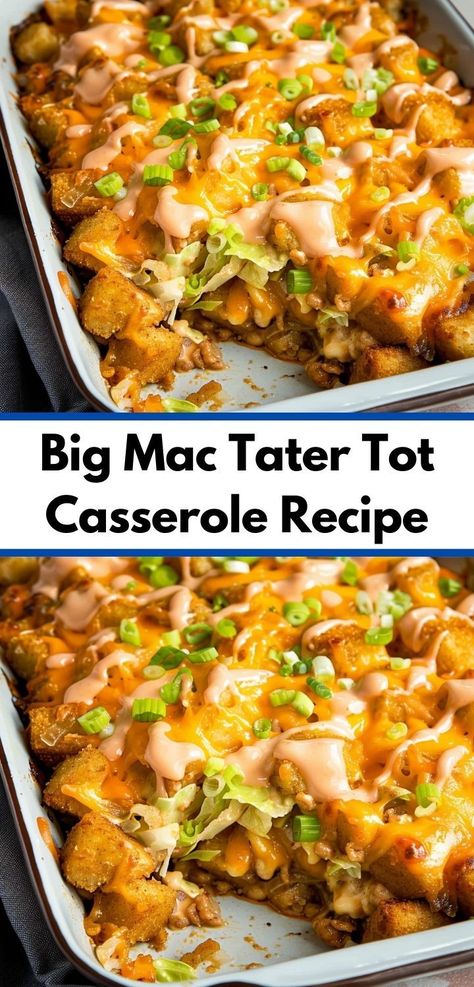 Enjoy a tasty and unique dish with this Big Mac tater tot casserole recipe. Cheesy, savory, and satisfying. Slow Cooker Mexican Tater Tot Casserole, Mexican Tater Tot Casserole, Cheesy Tater Tot Casserole, Tater Tot Casserole Recipe, Chicken Tater Tot Casserole, Mexican Favorites, Tater Tot Recipes, Tater Tot Casserole Recipes, Yummy Casserole Recipes