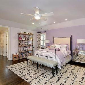 French Script Rug, Contemporary, girl's room, Benjamin Moore Whisper Quiet, 2 Design Group Lavender Accent Wall Bedroom, Lavender Accent Wall, Cream Bedroom Ideas, Susanoo Naruto, Purple Rooms, Accent Wall Bedroom, Girl’s Room, Wall Bedroom