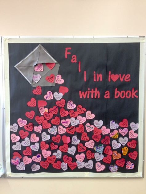 Love Your Library Bulletin Board, Fall In Love With Books Bulletin Board, Valentine Library Bulletin Boards, February Book Displays Libraries, Books We Love Bulletin Board, Valentines Reading Bulletin Board, I Love To Read Month Door Decorations, I Love To Read Month Bulletin Boards, School Library Themes Elementary