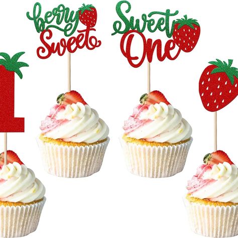 Make your own cupcakes or pick some up at the store... either way these Berry First Birthday toppers will make them the sweetest! #ad Summer Garden Party Decorations, Cupcake Accessories, Kids Birthday Party Cake, Baby Shower Fruit, First Birthday Cupcakes, Baby Shower Party Themes, Strawberry Cupcake, Berry First Birthday, Glitter Cupcakes