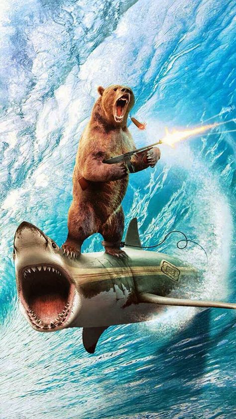 Bear with gun on a shark riding on a wave Shark Bathroom Decor, Bathroom Decor Beach Theme, Shark Shower Curtain, Funny Shower Curtains, Sharks Funny, Beach Bathroom Decor, Nautical Bathrooms, 8bit Art, Funny Bears