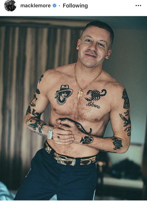 Macklemore tattoos Tattoo On Face, American Traditional Sleeve, Torso Tattoos, Traditional Tattoo Sleeve, Anchor Tattoo, Macklemore, Face Tattoos, Good Old Days, Traditional Tattoos