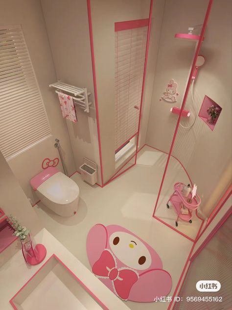 My Melody Bathroom, Room Arrangement Ideas, Hello Kitty Bathroom, Kids Bathroom Makeover, Kids Room Bed, Hello Kitty House, Pink Room Decor, Baby Boy Room Decor, Interiors Kitchen