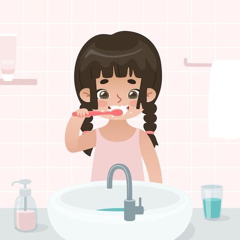 Anime Brushing Teeth, Brush Teeth Illustration, Brush Teeth Cartoon, Brushing Teeth Drawing, Kids Brushing Teeth, Girl Brushing Teeth, Teeth Illustration, Teeth Drawing, Tooth Cartoon