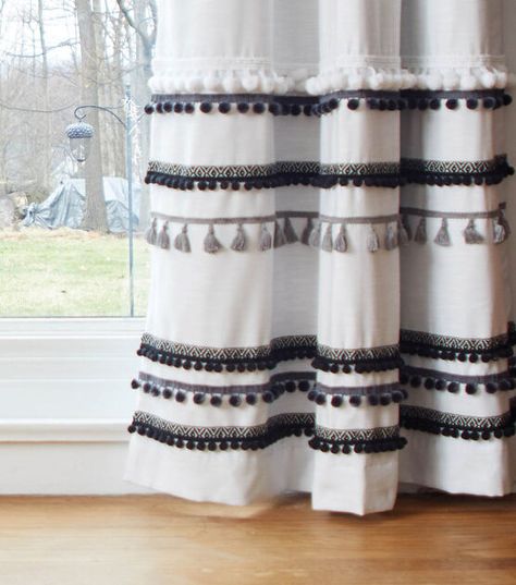 How To Embellish Plain Curtains, Curtain Embellishments Diy, Trim On Curtains, Adding Trim To Curtains, Upcycle Curtains, Curtain Upcycle, Curtain Embellishments, Upcycle Accessories, Lengthen Curtains