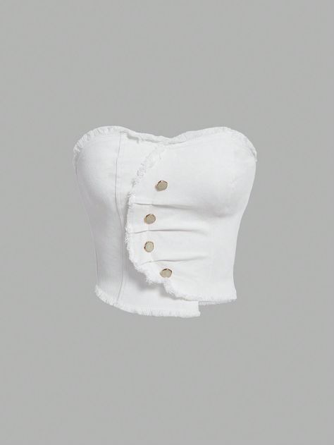 SHEIN MOD Women's Asymmetrical Hem Denim Strapless White Button-Embellished Bodice TopI discovered amazing products on SHEIN.com, come check them out! Y2k Street Style, Girls Dress Outfits, Fashion Top Outfits, Bodice Top, Character Outfits, Stage Outfits, Lookbook Outfits, Teen Fashion Outfits, Asymmetrical Hem