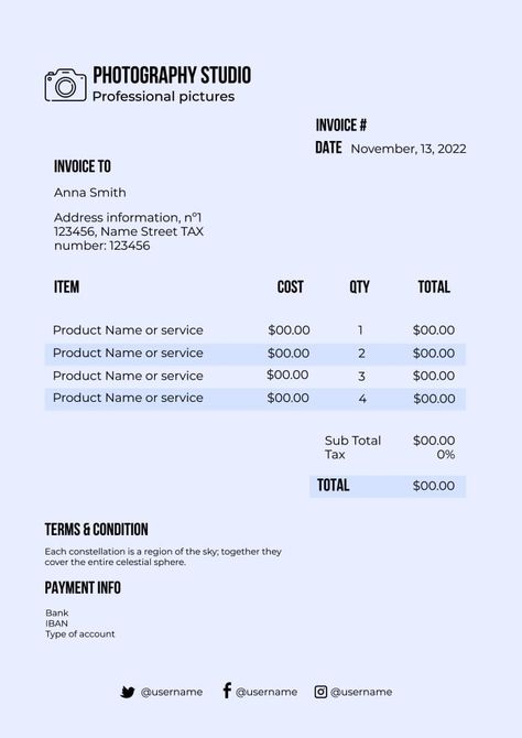 Simple Professional Pictures Photography Studio Invoice Invoice Format In Excel, Photography Invoice, Invoice Example, Invoice Format, Invoice Design Template, Invoice Design, Receipt Template, Pictures Photography, Invoice Template