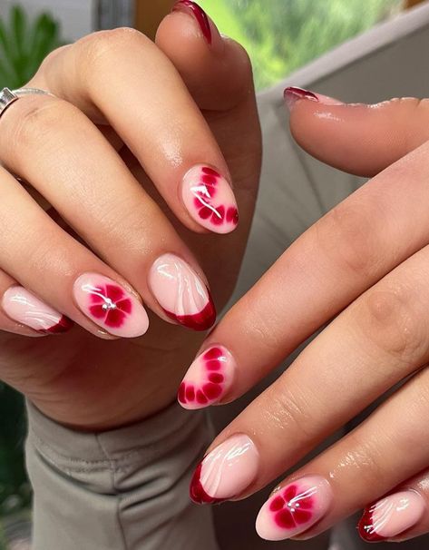 Bloom Nails Art, Flower Nail Inspo Acrylic, Burgundy Flower Nails, Easy Blooming Gel Nail Art, Blooming Flower Nails, Red Nails With Flowers, Red Floral Nails, Nails Blooming Gel, Portugal Nails