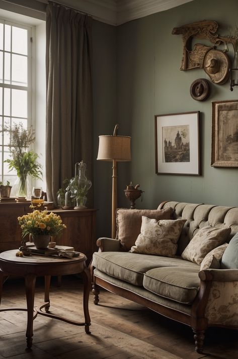 25 Best Vintage Living Room Ideas for Your Home Green Color Drenched Living Room, Cozy Antique Living Room, Boho Moody Living Room, French Gray Living Room, Green Paint Living Room, Living Room Designs Vintage, Modern Antique Living Room, Modern Vintage Living Room Ideas, Moody Green Living Room