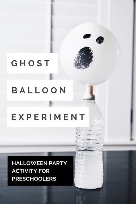 Ghost Balloon Experiment - Halloween Party Activity for Preschoolers - This self-inflating ghost balloon experiment will amaze children and adults alike for your preschool Halloween party! Here's an easy Halloween party activity for preschoolers; all you need is vinegar and baking soda. Try this self-inflating balloon experiment for your next preschool Halloween party! #Halloween #Preschool #STEMLearning Preschool Halloween Party, Balloon Experiment, Halloween Party Activities, Activity For Preschoolers, Halloween Sensory, Easy Halloween Party, Halloween Preschool, Halloween Balloons, Autumn Activities For Kids