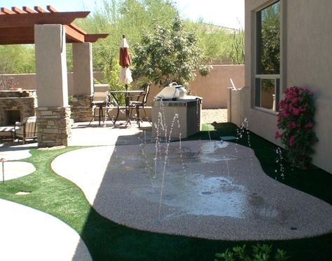 Splash pad kit Splash Pad Ideas, Backyard Splash Pad, Backyard Water Parks, Arizona Backyard, Water Pad, Living Pool, Splash Zone, Splash Pool, Outdoor Paradise