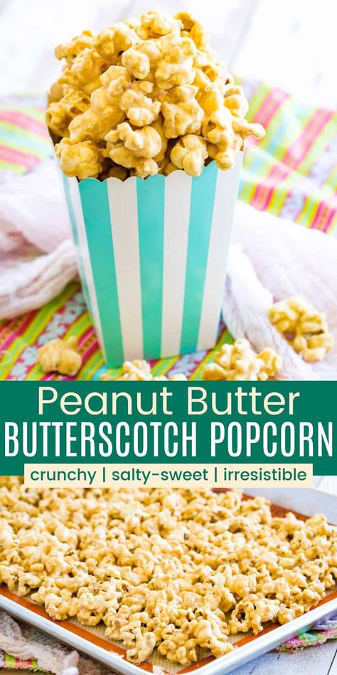 Decadent Peanut Butter Butterscotch Popcorn is caramel popcorn with a twist - creamy peanut butter! Salty-sweet, crisp, and so easy to eat by the handful, this is the snacking recipe you've been waiting for. If you love caramel corn, you're sure to enjoy this version that is fun to share and happily devoured by all! Caramel Popcorn Recipe Easy No Corn Syrup, Easy Carmel Popcorn, Butterscotch Popcorn, Puff Popcorn Caramel Corn, Puffed Corn Recipes, Popcorn Twist Caramel Corn, Carmel Popcorn Microwave, Peanut Butter Popcorn, Twisted Recipes