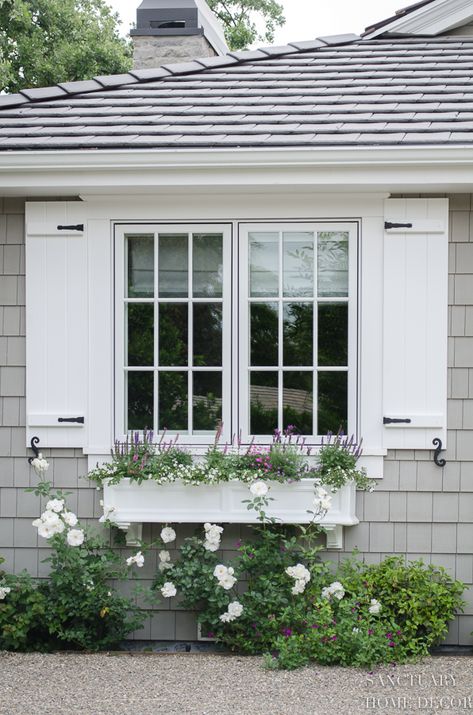 How Window Shutters and Planter Boxes Transformed the Exterior of My House - Sanctuary Home Decor Window Shutters Exterior, Outdoor Shutters, White Shutters, Shutter Designs, House Shutters, Window Trim Exterior, Cottage Exterior, Exterior Makeover, Shutters Exterior