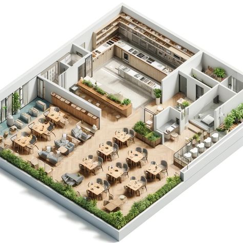 Cafe Model Architecture, Cafe Plans Architecture, Open Kitchen Cafe Design, Community Hub Design, Cafe Plan Architecture Coffee Shop, Canteen Layout, Cafe Design Plan, Restaurant Layout Design Floor Plans, Restaurant Tycoon 2 Designs