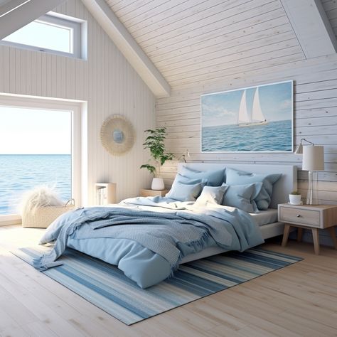 Experience the charm of nautical-themed bedrooms with white and blue hues, layered veneer panels, and ocean views. The whimsical, lighthearted atmosphere is enhanced by large canvases and photorealistic renderings. #OceanWhispers #NauticalBedroom #Cabincore #BlueAndWhite Greece Style Bedroom, Greece Room, Beach Theme Bedroom, Beach Inspired Bedroom, Blue White Bedroom, Costal Bedroom, Ocean Room Decor, Ocean Themed Bedroom, Beach Room Decor