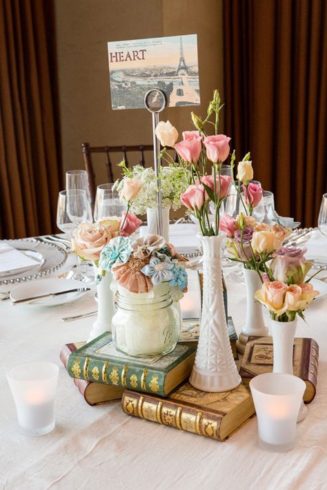 Mix up real flowers with crafted ones and gilded old books for this fab centerpiece. Allison and Dan’s Wedding at the Boston Intercontinental Hotel » Fucci's Photos of Boston | Boston Wedding Photographer fuccisphotos.com Vintage Wedding Centerpieces, Milk Glass Decor, Book Centerpieces, Literary Wedding, Tafel Decor, Summer Table, Table Plan, Wedding Boston, Wedding Shower