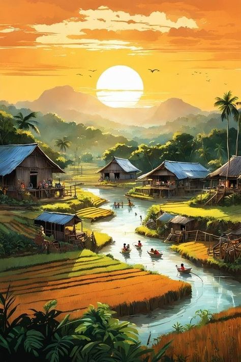 Village Drawing Landscapes, Village Scene Drawing, Village Drawing, 1 Point Perspective, Village Painting, Forest Village, Scene Drawing, Thai Culture, Village Scene