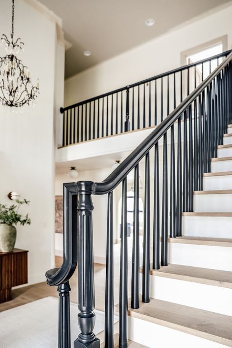 How We Completely Updated our Stair Railings by Only Swapping out the Balusters - Chris Loves Julia Black Painted Stairs, Painted Stair Railings, Black Stair Railing, Stair Railing Makeover, Interior Stair Railing, Stairs Renovation, Stair Banister, Iron Stair Railing, Stairs Makeover