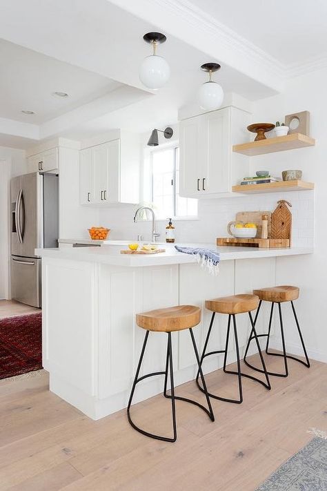 White and Glass Globe Light Pendants Over Kitchen Peninsula - Transitional - Kitchen Penisula Lights, Kitchen Peninsula With Arch, Stove In Peninsula, Small Kitchen Peninsula With Stove, Counter Height Peninsula With Sink, Peninsula Lighting, Peninsula Kitchen, Kitchen Peninsula, Kitchen Finishes