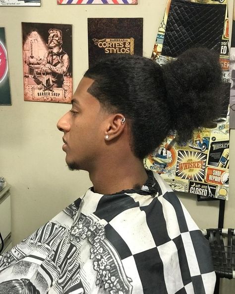 Men With Long Hair Ponytail, Afro Ponytail Men, Curly Ponytail Men, Stud Line Up Haircut, Black Man Bun, Stud Haircuts, Mens Ponytail, Ponytail Men, Man Bun Curly Hair