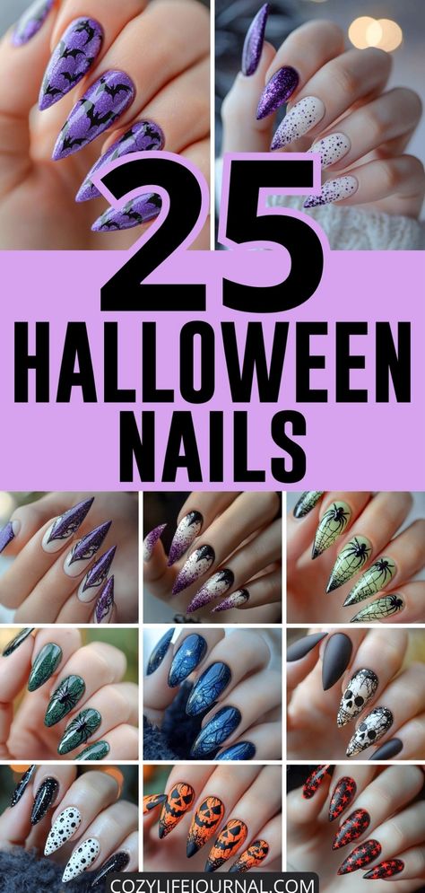 Halloween-themed nail art designs featuring bats, spiders, pumpkins, and other festive patterns. Unique Halloween Nails, Spooky Nail Designs, Nails For Wedding, Spooky Halloween Nails, Glittery Pumpkins, Spooky Nail, September Nails, November Nails, Gothic Glam