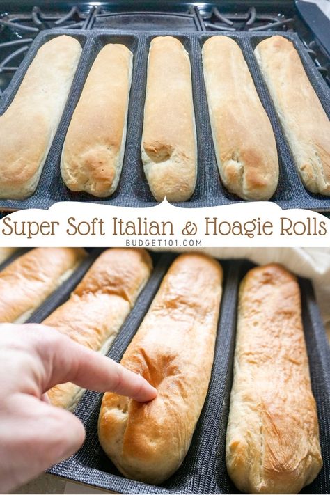 Super Soft Sub, Italian & Hoagie Rolls These soft, chewy, split-top sandwich buns are straight from New England & they can be beat! #Budget101 Bun Recipes Homemade, Soft Italian Bread, Sub Buns Homemade, Soft Italian Bread Recipes, Italian Buns Recipe, Italian Rolls Recipe, Bread Machine Sub Rolls, Sub Buns Recipe Bread Machine, Hoagie Buns Recipe