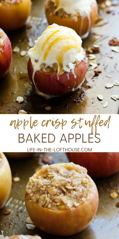 Delicious baked apples stuffed with an apple crisp filling. Baked Stuffed Apples, Stuffed Baked Apples, Billy Holiday, Baked Apple Recipes, Dessert Oreo, Dinner Delicious, Apple Dessert Recipes, Baked Fruit, Desserts Vegan