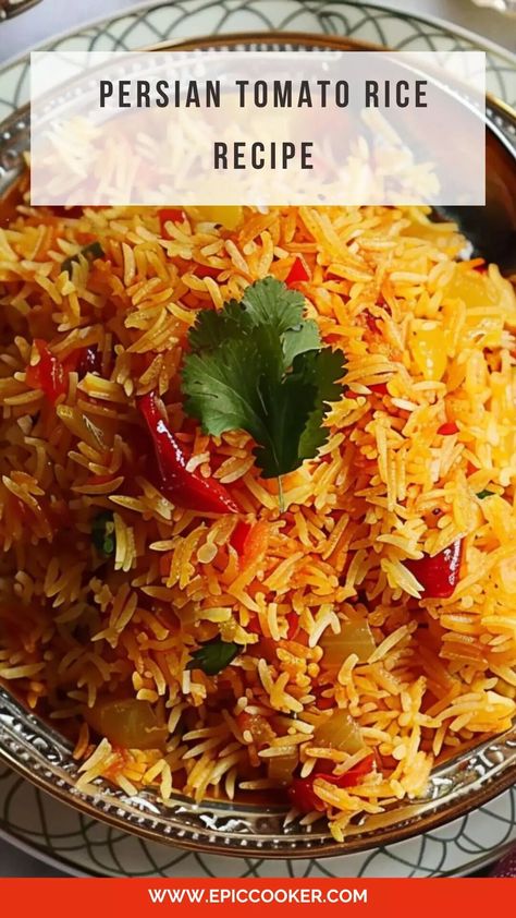 Persian Tomato Rice Recipe – Epic Cooker Persian Tomato Rice, Rice Cooker Tomato Rice, Persian Plates, Persian Rice Recipe, Rice With Tomatoes, Biryani Rice Recipe, Tomato Rice Recipe, Persian Dishes, Iranian Dishes