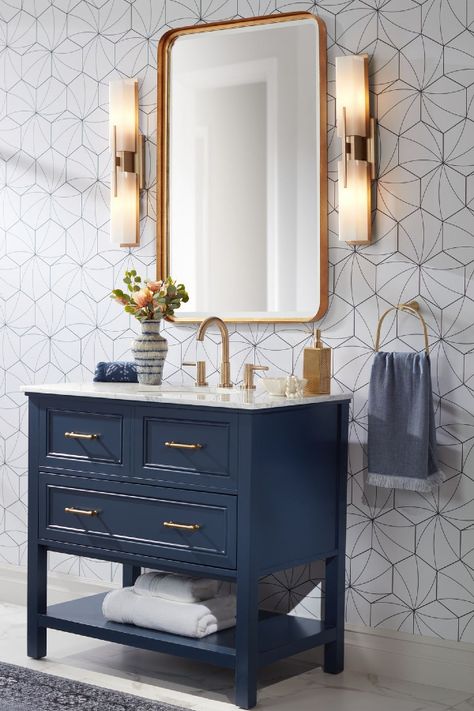 Royal blues and golds make for a vibrant color combo in this gorgeous updated bathroom.😍 Blue Gold Bathroom, Gold Bathroom Design, Bar Light Fixtures, Small Full Bathroom, Full Bathroom Remodel, White Light Fixture, Single Sink Vanity, Gold Bathroom, Burnished Brass