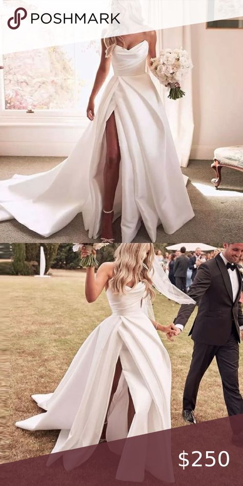 Strapless A-Line Satin Leg Split Wedding Dress Wedding Dresses With Split Leg, Wedding Dresses Open Leg, Wedding Dress With Split Leg, High Split Wedding Dress, Leg Split Wedding Dress, Wedding Dress Split Leg, Split Leg Wedding Dress, Bardot Wedding Dress, Wedding Dress With Split