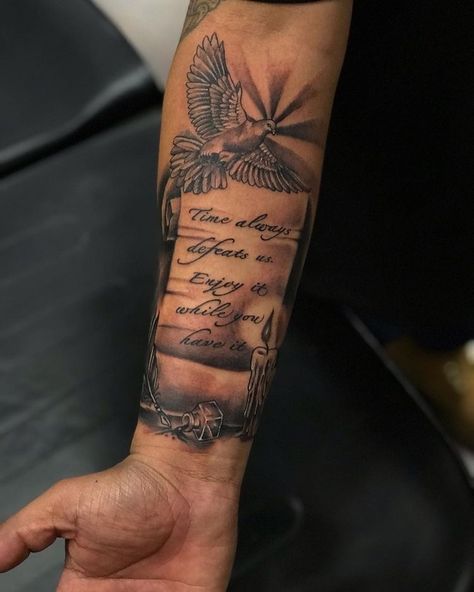 Tattoo Dove, It Tattoo, Mangas Tattoo, Forearm Tattoo Quotes, Rip Tattoo, Half Sleeve Tattoos Forearm, Verse Tattoos, Tattoo Time, Men Tattoos Arm Sleeve