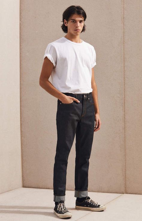 Pacsun Skinny Raw Jeans Casual Outfit For Men, Dark Jeans Outfit, 80s Fashion Men, Jeans Outfit Men, White Shirt Outfits, Shirt Outfit Men, Jeans Pacsun, Spring Outfits Men, Outfit For Men