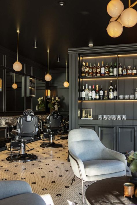 Mens Barbershop Interior Design, Modern Barber Shop Ideas, Barber Shop Decor Modern, Small Barber Shop Ideas, Modern Barber Shop, Barbershop Design Interior, Mens Barbershop, Barber Shop Interior, Home Bar Rooms