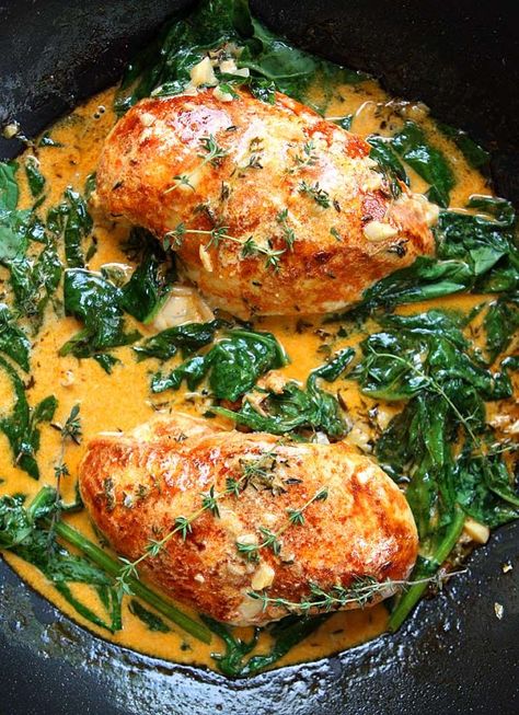 Paprika Chicken and Spinach with White Wine Butter Thyme Sauce | The Kitchen Paper on foodiecrush.com Sautéd Mushrooms, Thyme Sauce, Spinach Chicken, Wine Butter, Chicken Spinach, Paprika Chicken, Chicken And Spinach, Kitchen Paper, Wine Sauce