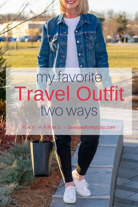 Favorite Travel Outfit Two Ways - what to wear on an airplane - what to wear in the car - air travel outfit - car trip outfit - travel outfit Casual Airplane Outfit Travel Style, Travel Outfit For Summer, Mom Road Trip Outfit, Spring Travel Outfits 2023, International Plane Outfit, Train Outfit Travel What To Wear, Over 40 Travel Outfits, Comfy Road Trip Outfit Spring, Good Travel Outfits