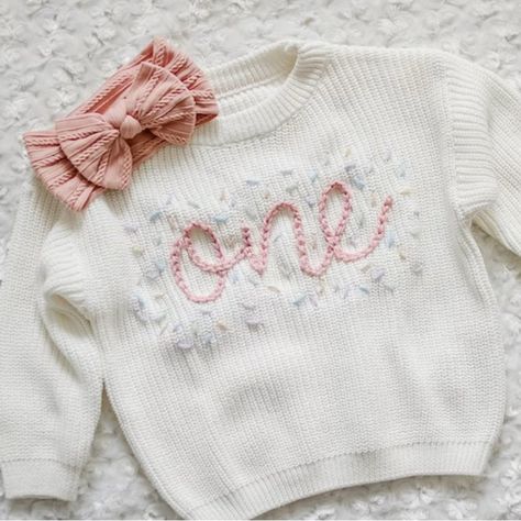 Size 9-12 Months Only Used For Pictures Literally Is Like Brand New Bought From Etsy Any Questions Just Ask Hand Stitched Name Sweater, Birthday Sweater, Embroidery Yarn, Homemade Things, Personalized Sweater, One Year Birthday, Old Outfits, Embroidery Sweater, Sweater Ideas