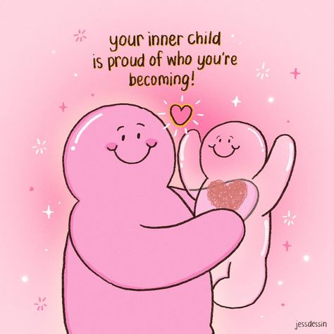 Today, I’m honoring my inner child and celebrating all the little victories! 🎉💖 #jessdessin #mrbubbles #cuteillustration #illustrations #cuteart #positivity #innerchild #healing Pink Cute Illustration, Healing Cute Illustration, Inner Child Healing Aesthetic, Healing Inner Child Aesthetic, Quotes On Healing Yourself, Self Acceptance Illustration, Quotes Happy Positive, Self Care Illustration, Innerchild Healing