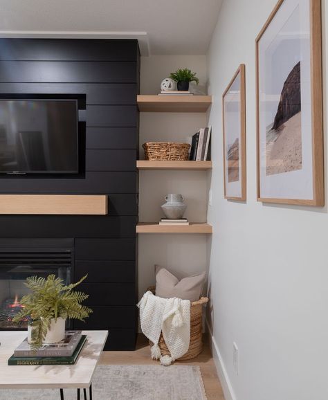 Fireplace And Floating Shelves, Black Fireplace Wall, Modern Fireplace Design, Havenly Living Room, Floating Fireplace, Living Room Fireplace, Oak Floating Shelves, Build A Fireplace, Fireplace Shelves