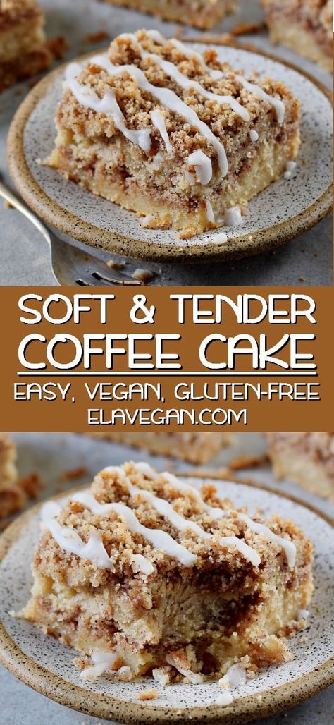 A soft and tender vegan coffee cake with cinnamon streusel topping! This delicious and easy to make crumb cake will satisfy your cravings for a "buttery" cake. The recipe is plant-based (dairy-free, egg-free), gluten-free, can be made refined sugar-free, and is perfect for dessert or breakfast. Vegan Coffee Cake, Ella Vegan, Cinnamon Streusel Topping, Gluten Free Coffee Cake, Gluten Free Coffee, Cake With Cinnamon, Dairy Free Coffee, Streusel Cake, Vegan Coffee