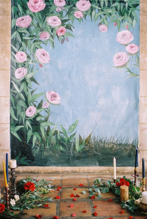 Custom Wedding Backdrop || Hand-painted Floral Backdrop || Beauty and the Beast Inspired Wedding || Inside Weddings || By Brittany Branson || www.bybrittanybranson.com Wedding Mural Backdrop, Painted Wedding Backdrop, Live Wedding Painter, Wedding Painter, Painted Backdrops, Inside Weddings, Wedding Backdrops, 2025 Wedding, Dream Party