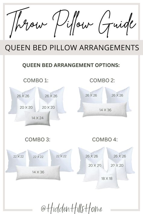 The Ultimate Guide for How to Arrange Throw Pillows on a Queen Bed - Hidden Hills Home Queen Pillow Arrangement On Bed, Queen Bed Throw Pillow Arrangement, Throw Pillow Bed Arrangement, Queen Pillow Arrangement, Queen Size Bedding Ideas, Pillows For Queen Bed, Pillows On A Queen Bed, Queen Bed Pillow Arrangement, Queen Bed Pillows