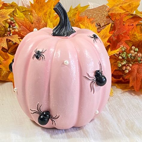 Brand New Halloween Faux Pearl Spider Pink Pumpkin Figurine Resin Tabletop 9.5" Adorable Pink Resin Pumpkin For Your Halloween Decor. It's A Beautiful Pastel Pink With Faux Pearl And Black Spiders. Measures Approx 9.5" Tall. Pink Halloween Bedroom Decor, Pink And Blue Halloween Decor, Cute Pink Halloween Decor, Pink Outdoor Halloween Decor, Black Cat Painted Pumpkin, Pink Halloween Home Decor, Girlie Halloween Decor, Cutesy Halloween Decor, Coquette Halloween Decor