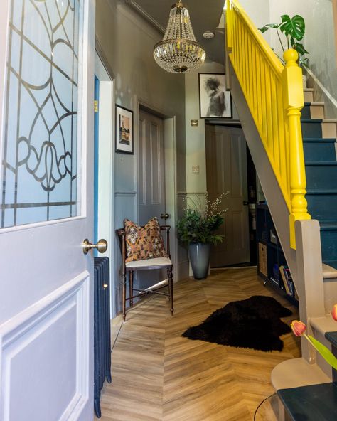 Hallway Wall Colors, Yellow Hallway, Hallway Colour Schemes, Yellow Stairs, Hallway Colours, Yellow Furniture, Hallway Inspiration, British Home, Uk Homes