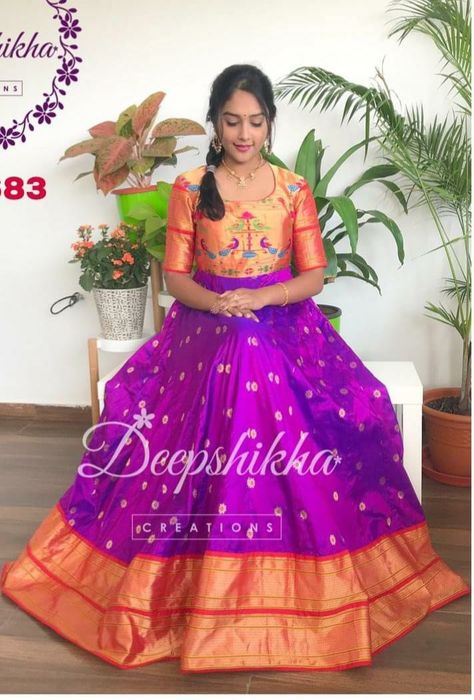 Lehenga Half Saree, Indian Dresses For Kids, Chiffon Blouses Designs, New Lehenga, Fashionable Saree, Kalamkari Dresses, Frocks And Gowns, Ikkat Dresses, Long Gown Design