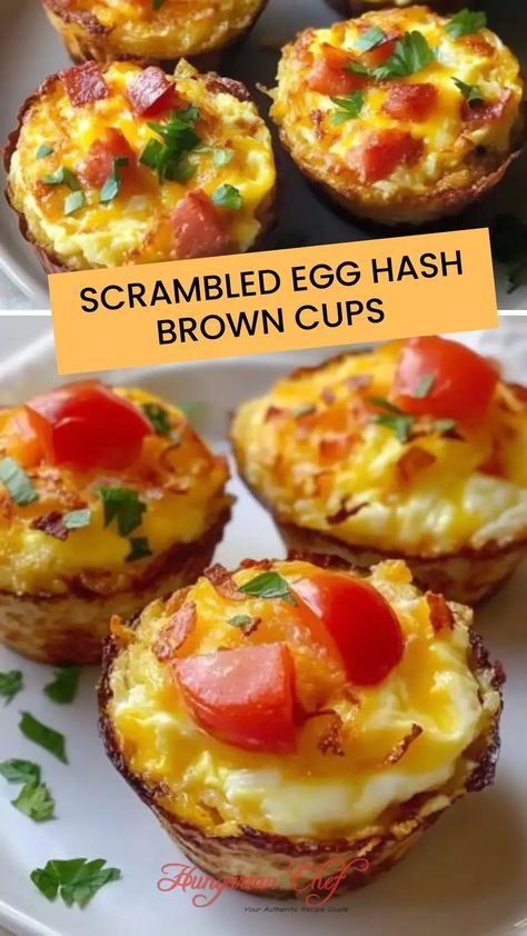 Scrambled Egg Hash Brown Cups – Hungarian Chef Eggs And Hashbrowns In Muffin Tin, Hashbrown And Eggs Skillet, Breakfast Egg Cups, Hash Brown Egg Cups, Scrambled Egg Muffins, Hash Brown Cups, Breakfast Eggs Scrambled, Homemade Hashbrowns, Sausage Hash