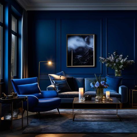 How to Create a Harmonious Blue Living Room Scheme • 333+ Images • [ArtFacade] Blue Monochromatic Room, Dark Blue Curtains Living Room, Blue Living Room Color Scheme, Blue Living Room Color, Dark Living Room Ideas, Dark Blue Curtains, Serene Living Room, Dark Living Room, Blue Walls Living Room