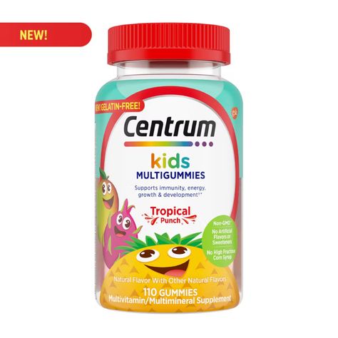 Bottle of Centrum Kids MultiGummies in Tropical Punch Flavors Kids Multivitamin, Tropical Punch, High Fructose Corn Syrup, Tropical Fruit, Fruit Flavored, Mustard Bottle, Multivitamin, Corn Syrup, Natural Flavors