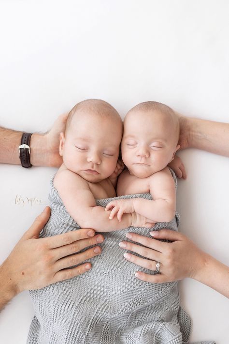 Parents rest their hands on their sleeping infant twin boys during a Newborn Session by Lily Sophia Photography in our natural light studio near the Midtown area of Atlanta, Georgia. At Home Twin Newborn Pictures, Twin Newborn Photography With Siblings, Twin Maternity Photos, Twin Newborn Photography, Newborn Twin Photos, Twins Newborn, Twin Newborn, Newborn Twins Photography, Twin Pictures